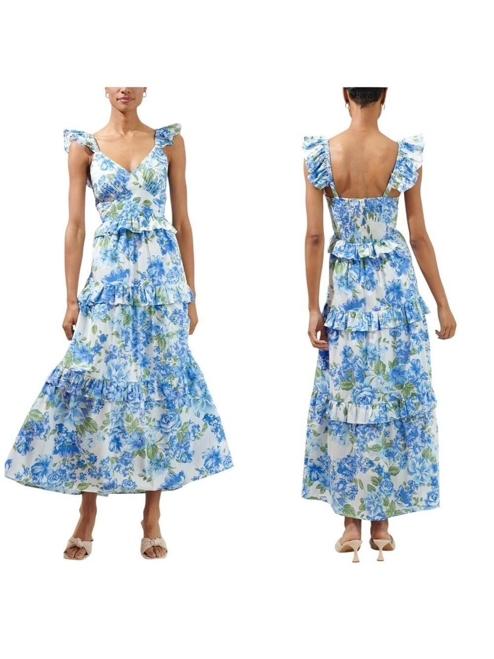 Sugarlips Truth Be Told Blue Floral Tiered Maxi Poplin Summer Dress